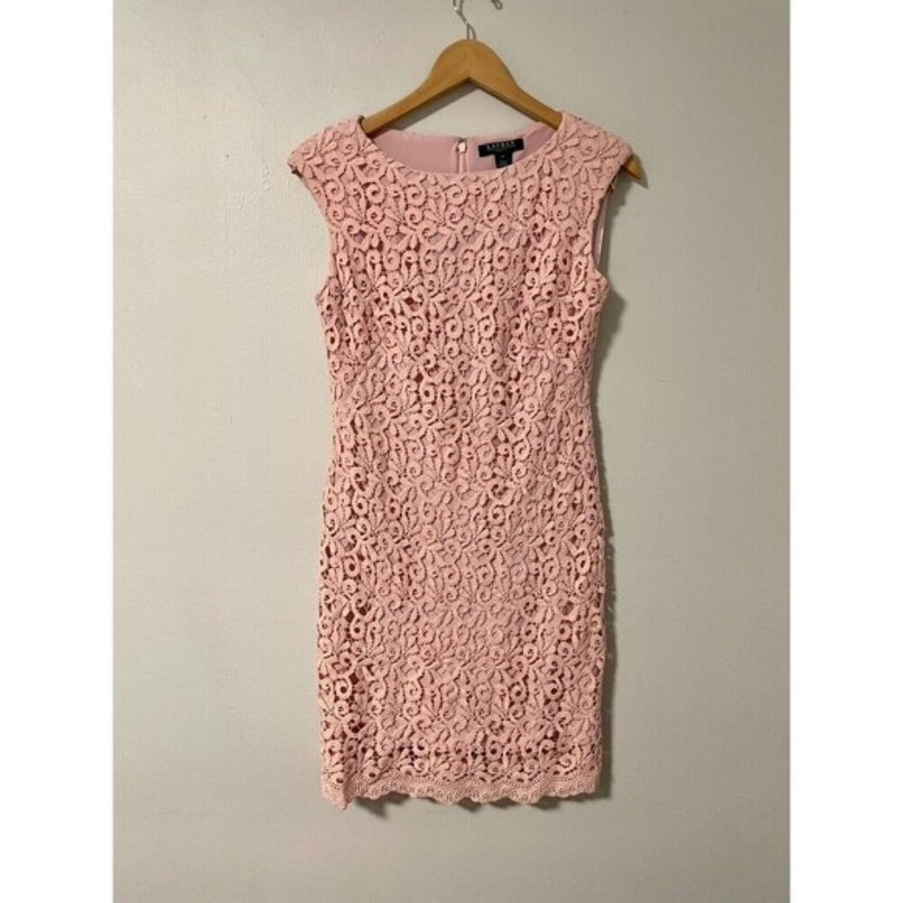 Lauren Ralph Lauren Pink Lace Overlay Sheath Dress 6P Knee-Length Cocktail